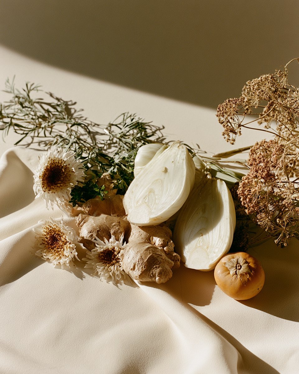 Ginger, fennel and dried botanicals arranged on linen