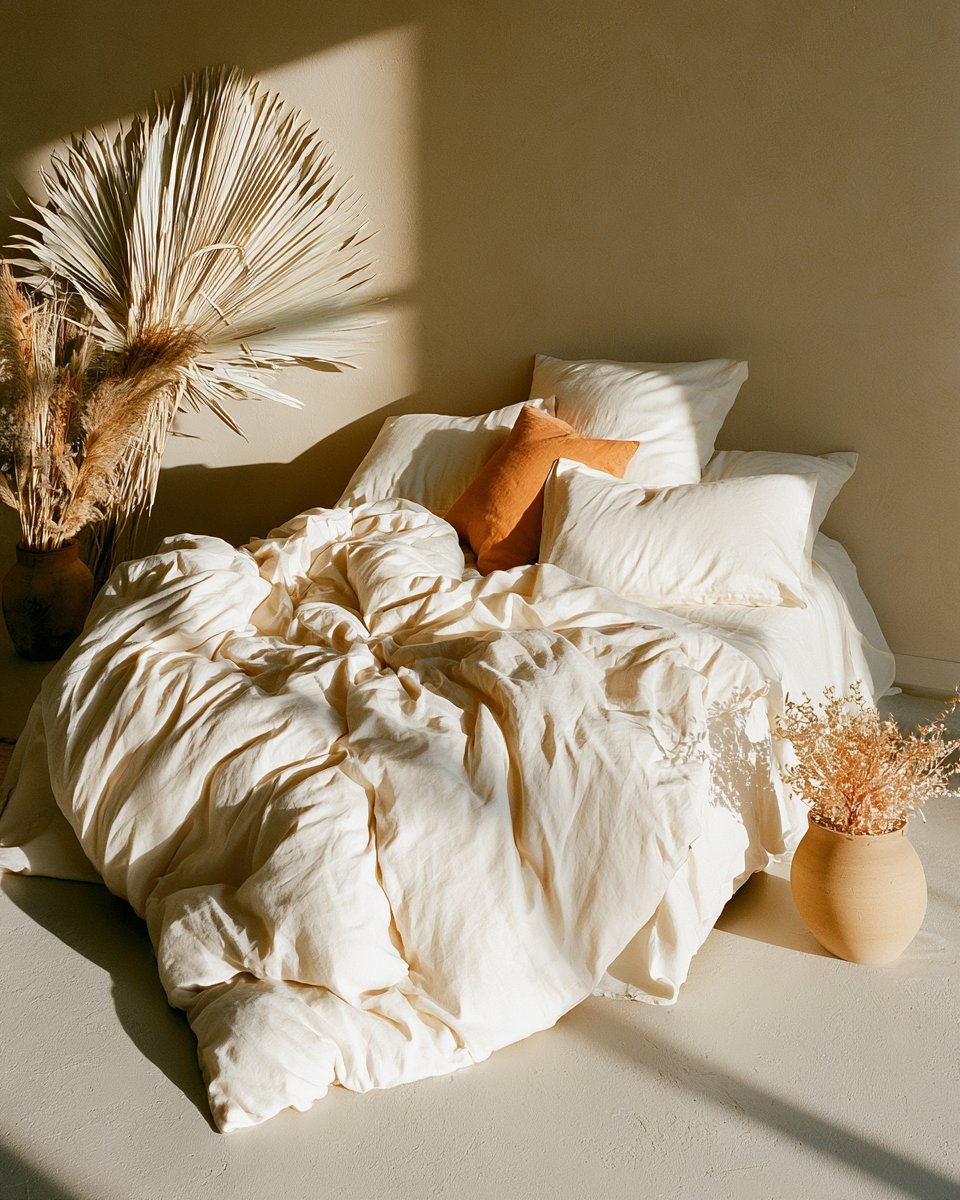 Sunlit rumpled natural-linen bedding in a calm bedroom