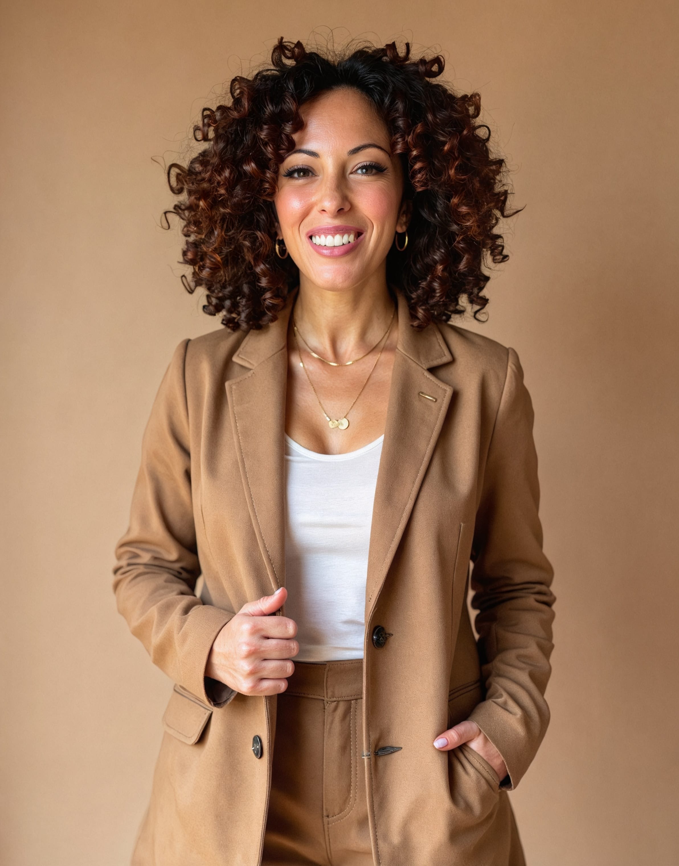 Brie Wieselman — camel blazer, smiling portrait